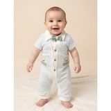 iQBaby Papyonlu Çizgili %100 Pamuklu Erkek Bebek Tulum Ayıcıklı Cepli Kısa Kollu Yazlık Kombin - Beyaz - Mint Yeşili - 3 - 6 Ay