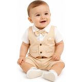 İrem Çocuk Giyim Erkek Bebek Bej Renk Ekose Desenli Yelek Modelli Papyonlu Şortlu Takım - 6 - 9 Ay