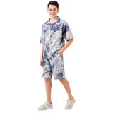 İrem Çocuk Giyim Erkek Çocuk Batik Desenli Mavi Gömlek Şort Oversize İkili Takım, 9-10 Yaş