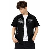 İREM ÇOCUK GİYİM Erkek Çocuk Çıtçıt Kapamalı Black White Yazılı Renk Oversize Kalıp Kısa Kol Gömlek,Siyah 12-13 Yaş