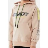 İREM ÇOCUK GİYİM Erkek Çocuk Önü Kolları Ready Yazı Desenli Renk Kapüşonlu Sweatshirt,Bej 7 Yaş