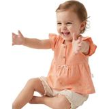 İrem Çocuk Giyim Kız Bebek Bluzu Yarım Düğme Kapamalı Kolu Fırfırlı Süzene Çiçek Nakışlı Bluz Şort Takımı - 18 Ay - Turuncu