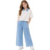 İrem Çocuk Giyim Kız Çocuk Anywhere Yazılı Kot Yakalı Tişört Kot Pantolon Oversize Kalıp İkili Takımı - Beyaz - 10 Yaş