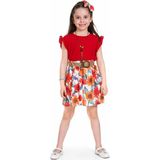 İrem Çocuk Giyim Kız Çocuk Bluzu Fırfırlı Eteği Kemerli Çiçek Desenli Kolyeli Kırmızı Renk İkili Takım - 4 Yaş