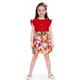 İrem Çocuk Giyim Kız Çocuk Bluzu Fırfırlı Eteği Kemerli Çiçek Desenli Kolyeli Kırmızı Renk İkili Takım,Kırmızı 4 Yaş