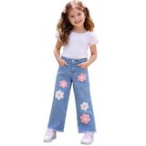 İrem Çocuk Giyim Kız Çocuk Çiçek Nakış Aplikeli Geniş Paça Model Paçası Püsküllü Mavi Renk Kot Pantolon - 10 - 11 Yaş