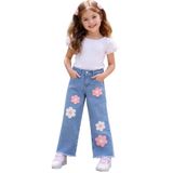 İREM ÇOCUK GİYİM Kız Çocuk Çiçek Nakış Aplikeli Geniş Paça Model Paçası Püsküllü Renk Kot Pantolon