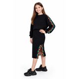 İrem Çocuk Giyim Kız Çocuk Eteği Yırtmaçlı Yeşil Turuncu Şeritli Sweatshirt Etekli İkili Takımı - Siyah - 10 Yaş