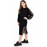 İrem Çocuk Giyim Kız Çocuk Eteği Yırtmaçlı Yeşil Turuncu Şeritli Sweatshirt Etekli İkili Takımı - Siyah - 11 Yaş