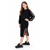 İrem Çocuk Giyim Kız Çocuk Eteği Yırtmaçlı Yeşil Turuncu Şeritli Sweatshirt Etekli İkili Takımı - Siyah - 12 Yaş