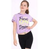 İrem Çocuk Giyim Kız Çocuk Focus Yazı Desenli Kapüşonlu Kısa (Crop) Model Beli Lastikli Lila Renk Tişört - 11 - 12 Yaş