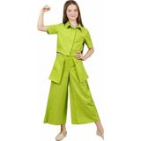 İrem Çocuk Giyim Kız Çocuk Geniş Paça Bilek Boy Pantolon Model Torba Cepli Crop Gömlekli Fıstık Yeşili Keten İkili Takım - 8 Yaş