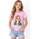 İrem Çocuk Giyim Kız Çocuk Önü Kız Desenli Taşlı Pembe Renk Kısa Kollu Tişört - 13 - 14 Yaş