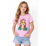 İrem Çocuk Giyim Kız Çocuk Önü Kız Desenli Taşlı Pembe Renk Kısa Kollu Tişört - 15 - 16 Yaş