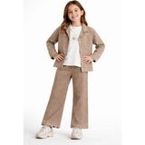 İrem Çocuk Giyim Kız Çocuk Taş ve Nakış Detaylı Gabardin Kumaş Ceket Pantolon Sweatshirt Açık Kahve Renk Üçlü Takım - 5 Yaş