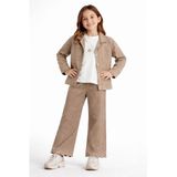 İREM ÇOCUK GİYİM Kız Çocuk Taş Ve Nakış Detaylı Gabardin Kumaş Ceket Pantolon Sweatshirt Açık Kahve Renk Üçlü Takım,Açık Kahve 7 Yaş