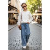 İrem Çocuk Giyim Kız Çocuk Tül Kollu Gül Detaylı Sweatshirt ve Bol Paça Kot Pantolon Takımı - Beyaz - 7 - 8 Yaş