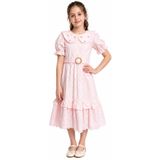 İrem Çocuk Giyim Kız Çocuk Yakası Incili Taşlı Bebe Yaka Model Balon Kol Beli Kuşaklı Tokalı Güpür Detaylı Midi Boy Pembe Renk Elbise - 10 - 11 Yaş
