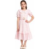 İrem Çocuk Giyim Kız Çocuk Yakası Incili Taşlı Bebe Yaka Model Balon Kol Beli Kuşaklı Tokalı Güpür Detaylı Midi Boy Pembe Renk Elbise - 11 - 12 Yaş