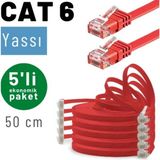 Irenıs 5 Adet 50 cm Cat6 Kablo Yassı Ethernet Network Lan Ağ Internet Kablosu - Kırmızı