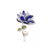 İri Ametist Safir Zirkon Taşlı İnci Detaylı Gümüş Çiçek Broş Yaka İğnesi 7X4.2cm
