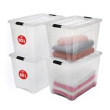 Iris Ohyama Kapaklı Saklama Kutuları, 60L, 4'lü Set, Şeffaf, Güvenli Tokalar, İstiflenebilir, Çekme Kulpları, Yatak Odası, Dolap, Ofis, Organizasyon İçin, BPA İçermeyen Plastik, Giysi Çantası, NTB-60