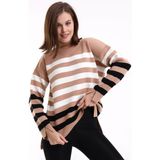 Irmak Kerekli Çizgili Balıkçı Yaka Triko Tunik 1416 - Camel - Ekru - S