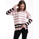 Irmak Kerekli Çizgili Balıkçı Yaka Triko Tunik 1416 - Pembe - Ekru - S