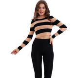 Irmak Kerekli Çizgili Triko Crop Kazak Triko Bluz 1101 - Camel - Siyah