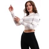 Irmak Kerekli Çizgili Triko Crop Kazak Triko Bluz 1101 - Ekru - Taş - XL