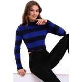 Irmak Kerekli Çizgili Triko Crop Kazak Triko Bluz 1101 - Lacivert - Saks
