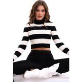 Irmak Kerekli Çizgili Triko Crop Kazak Triko Bluz 1101 - Siyah - Ekru
