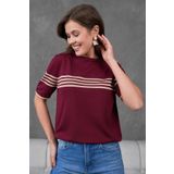 Irmak Kerekli Kadın Bordo-bej Bisiklet Yaka Kısa Kol Çizgili Triko Bluz 25111