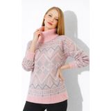 Irmak Kerekli Kadın Kilim Desenli Yumuşak Dokulu Balıkçı Yaka Triko Kazak 7590 Pembe - Standart