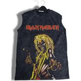 Iron Maiden Baskılı Yıkamalı Kolsuz Tişört, Unisex Rock Band Temalı Sıfır Kol Vintage Atlet - Siyah - 2XL