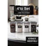 İronika 4lü Etiket Hediyeli Silikon Kapaklı 1300 ml Çay Kahve Şeker Tuz Saklama Kabı Erzak Gıda Saklama Kabı