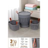 İronika Flex 3lü Banyo Set Deri Desen Kulplu Lüx Banyo Mutfak Organizeri Çamaşır Sepeti Düzenleyici Antrasit