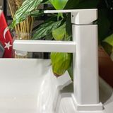 İsaoğlu Yapı Çanak Lavabo Bataryası Beyaz Lavabo Musluğu Mat Beyaz Çanak Armatür Kare Tasarım Batarya