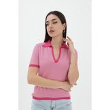 Isawella Ince Çizgili Polo Yaka Triko Kazak - Fuşya - Standart
