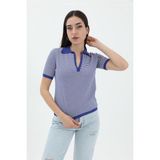 Isawella Ince Çizgili Polo Yaka Triko Kazak - Saksmavisi - Saks Mavi - Standart
