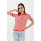 Isawella Ince Çizgili Polo Yaka Triko Kazak - Turuncu - Standart