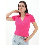 Isawella Kruvaze Polo Yaka Triko Kazak - Fuşya - Standart
