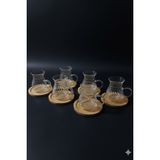 iselahome Lunero Borosilikat Cam 6’lı Çay Bardağı Seti – Bambu Tabanlı Çizgili 200 ml - Şeffaf