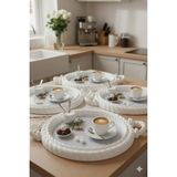 iselahome Nevora Örgü Desenli Kahve Sunum Tepsisi 4'lü Set Yuvarlak Beyaz - 0 - 3 L