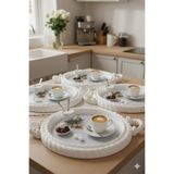 iselahome Nevora Örgü Desenli Kahve Sunum Tepsisi 4'lü Set Yuvarlak Beyaz