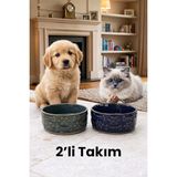 iselahome Pawra Kabartma Desenli El Yapımı Porselen 2’li Mama Kabı Seti 13,7 cm Evcil Hayvan Mama ve Su Kabı - Yeşil - Mavi