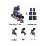 Işıklı Çocuk Pateni Ayarlanılabilir Alıştırma Silikon Tekerli Frenli Metal Gövdeli Paten Dizlik Set Mavi