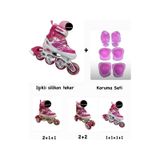 Işıklı Çocuk Pateni Ayarlanılabilir Alıştırma Silikon Tekerli Frenli Metal Gövdeli Paten Dizlik Set Pembe