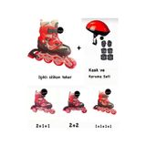 Işıklı Çocuk Pateni Ayarlanılabilir Silikon Tekerli Frenli Metal Gövdeli Paten Ve Kask Dizlik Set Kırmızı