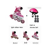 Işıklı Çocuk Pateni Ayarlanılabilir Silikon Tekerli Frenli Metal Gövdeli Paten Ve Kask Dizlik Set Pembe